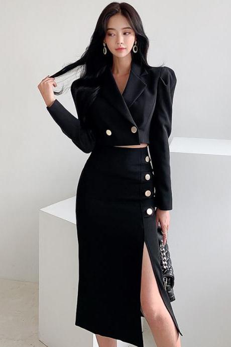 Fall Casual Blazers Puff Sleeve Lapel Work Suit Office Blazer Jackets And Skirts Business Suit Sets