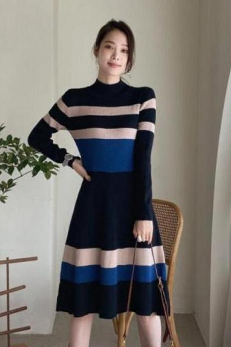 Turtleneck Ribbed Long Sleeve Knit Striped Sweater Dress