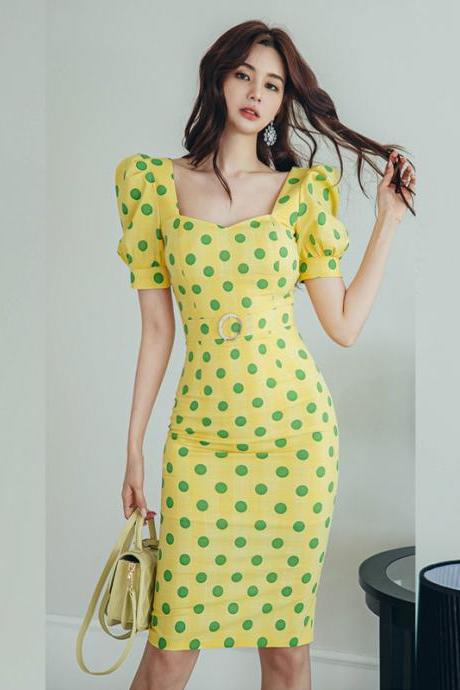 Vintage Short Sleeve Polka Dot Pencil Midi Dress