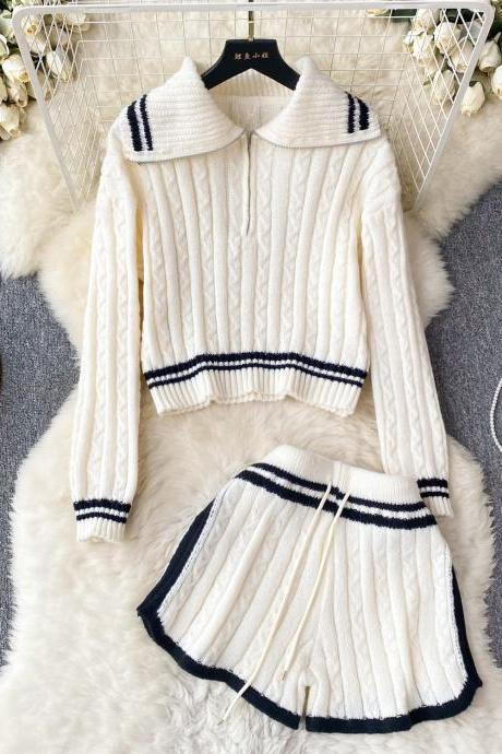 2 Piece Outfits Striped Knitted Pullover Sweater Tops Shorts Set
