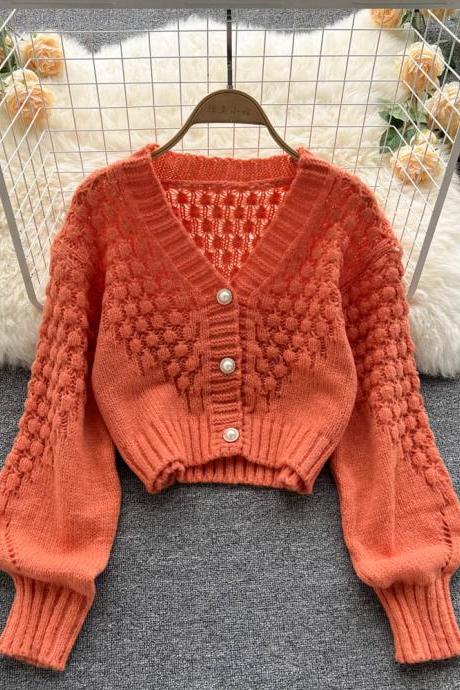 Cropped Cardigan Sweaters For Women Long Sleeve Crochet Knit Shrug Open Front V-neck Button Up Tops