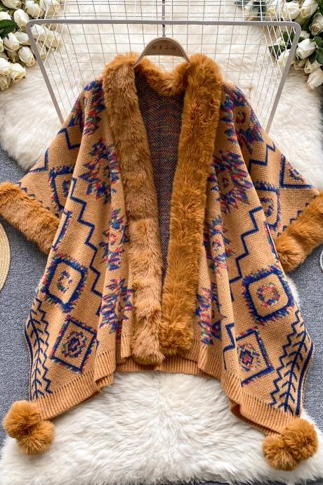 Fine Knit Open Front Faux Fur Trim Layers Poncho Cape Cardigan Sweater