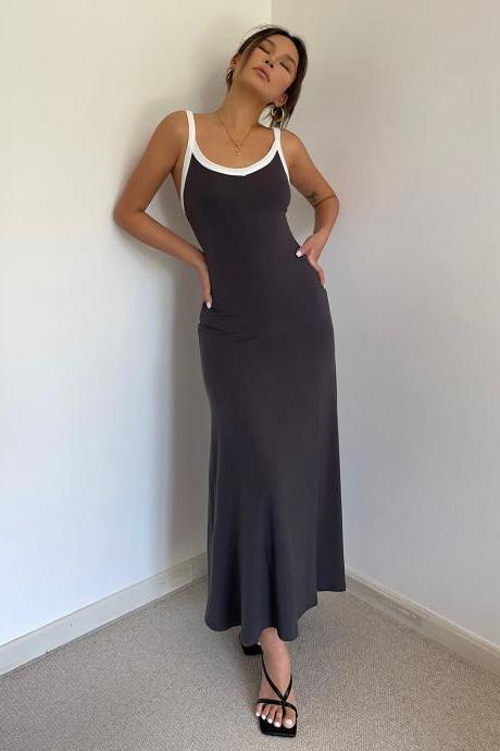 Contrast Color Backless Bodycon Maxi Dress