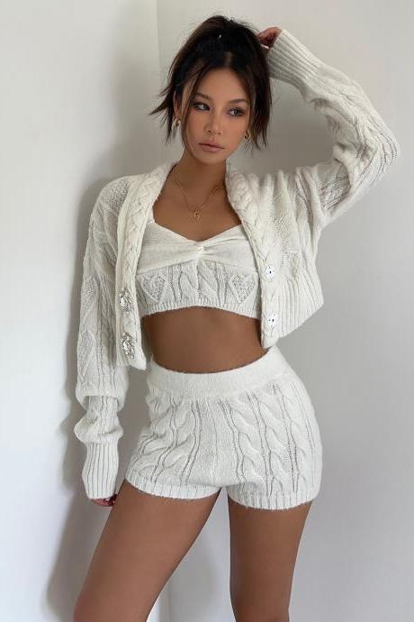 3 Piece Outfit Crop Cami Top And Short Sets With Beaded Cardigan