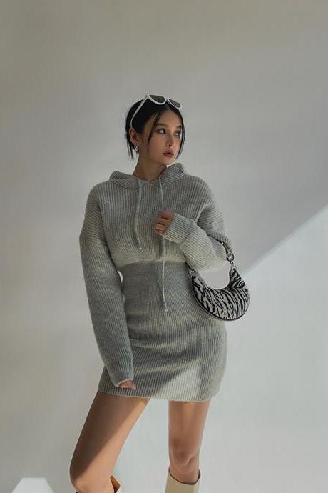 Winter Rib Knit Pullover Sweater Fashion Fall Dresses Long Sleeve Hooded Bodycon Dress