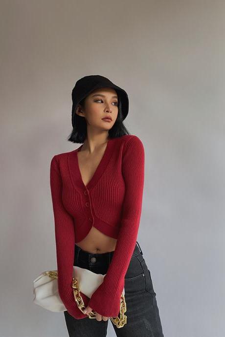 Sexy V-neck Long Sleeve Button Front Knit Crop Cardigan Sweater