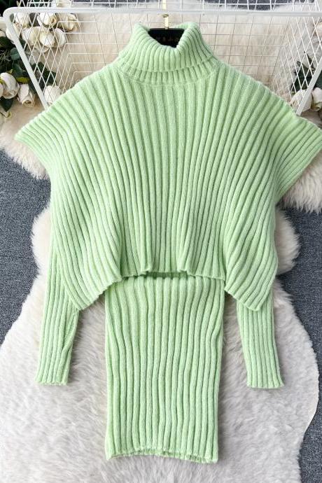 Fashion Knitwear Two-piece Cape Cape Turtleneck Sweater Hip Dress Set