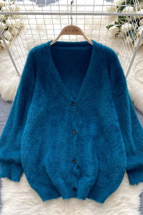 Soft Waxy Sweater Coat Knit Cardigan Loose Long-sleeved Top