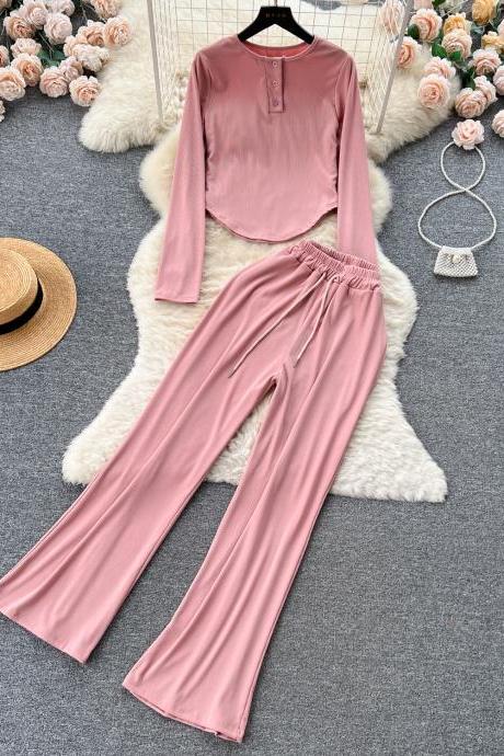 Wide Leg Pant Suits For Women Elegant 2 Piece Solid Outfits Long Sleeve Crop Top High Waist Hanging Wide-leg Pants