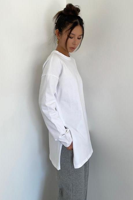 Women's Pure Cotton Casual Basic Long Sleeve Loose T-shirt Tee Tops
