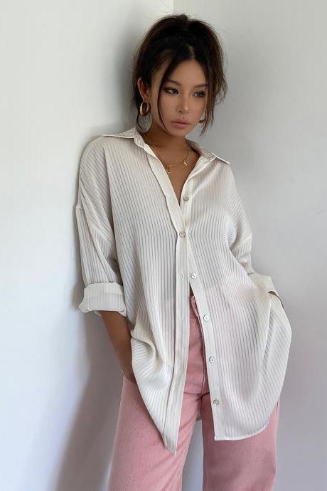 Striped Button Down Shirts Sliky Satin Casual Long Sleeve Stylish V Neck Blouses Tops