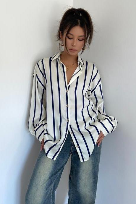 Loose Casual Polo Neck Single Breasted Long Sleeve Striped Shirt Drapey Sun Protection Shirt