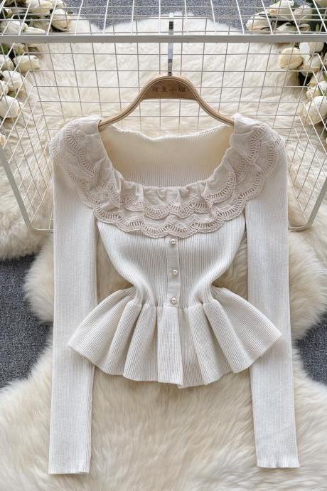 Sweet lace lace doll patchwork knit top base ruffled hem top