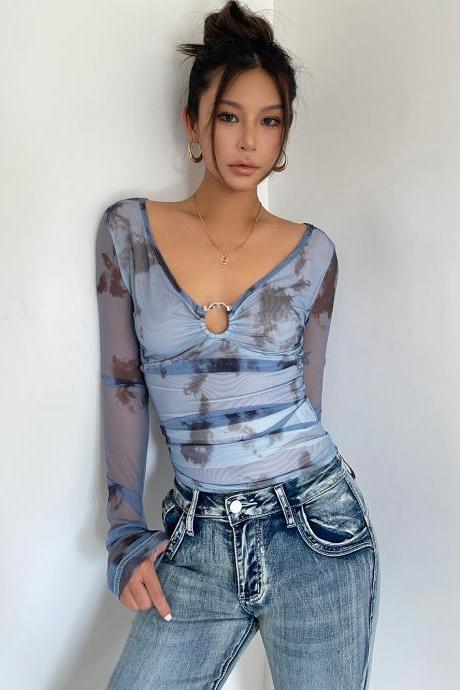 American Retro Spice Tie-dye Long Sleeve T-shirt V-neck Sexy Off-the-shoulder Mesh Tight Sunscreen Top
