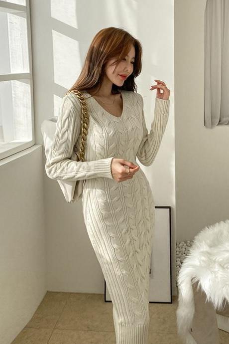 Knitted Long-sleeved Slim-fit V-neck Women Bodycon Sweater Dress
