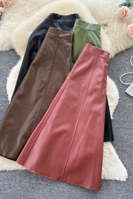 Elegant High Waist Pu Leather Skirt Big Swing Midi Skirt
