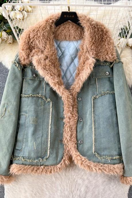 Denim Jacket Women Fleeced Thickened Cotton-padded Jacket Loose Casual Vintage Fur Patchwork Jacket Top