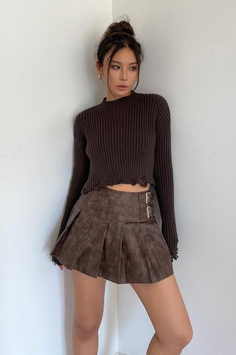 Maillard coffee color leather skirt tie dye pu skirt high waist pleated skirt