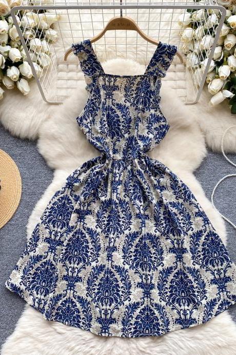 Vintage print holiday Dress Sweet fly sleeve short floral dress
