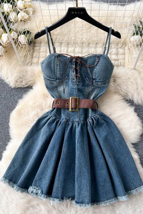 Vintage Lace-up Design Denim Pleated Dress