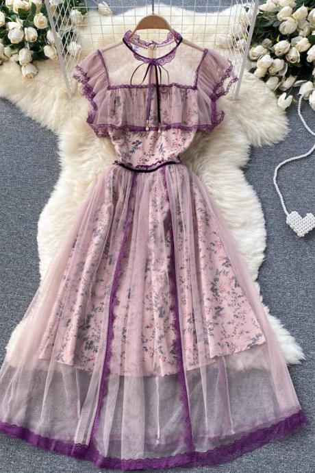 Court style dress see-through mesh long floral fairy dress