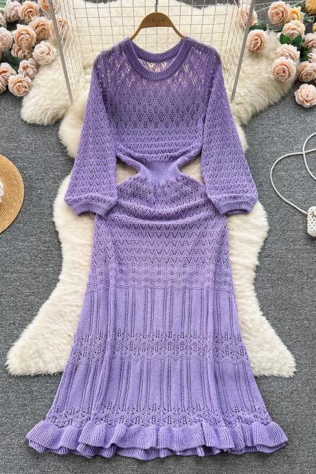 Gentle atmosphere hollow puff sleeve long knit dress