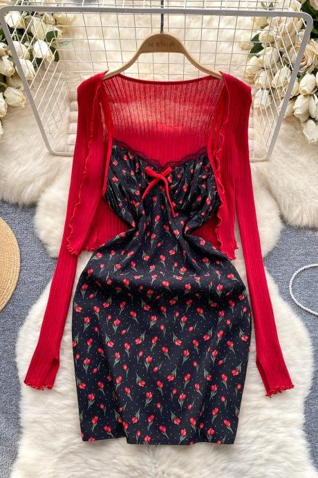 Sweet Short Knit Cardigan Vintage Floral Halter Dress Two Piece Sets