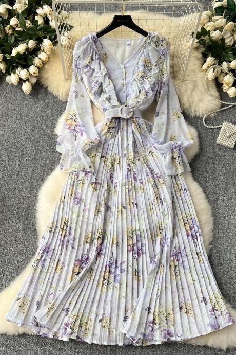 French Super Fairy Temperament Dress Sweet Flounces Patchwork To Receive Waist Slimming Temperament Floral Long Dress