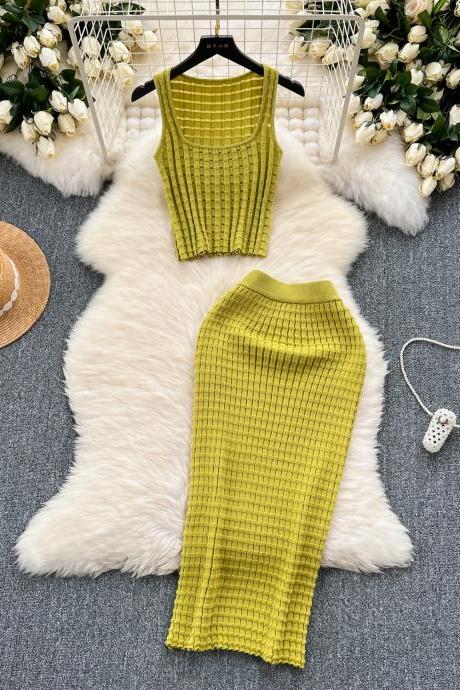 Spice Girl Style Suit Women's Summer Short Vest Top With High Waist Skirt Knitted Two-piece Set