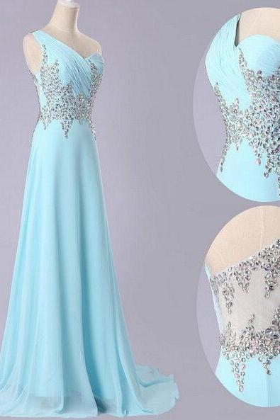Light Blue Prom Dress,Chiffon Long Evening Dress,One Shoulder Beading Prom Dress,Elegant Party Gown