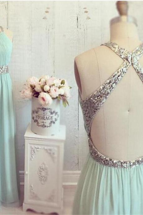 Charming Mint Green Prom Dress,Long Chiffon Evening Dress,Halter Prom Dress,Elegant Party Gown,Backless Prom Dress