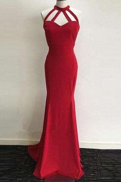 Red Halter Prom Dress,Backless Sheath Evening Gown,Prom Dress With Straps,Long Evening Dress