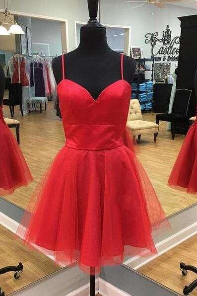 Sweetheart Red Cocktail Dress,Short Party Dress with Spaghetti Straps,Cute A Line Prom Dress