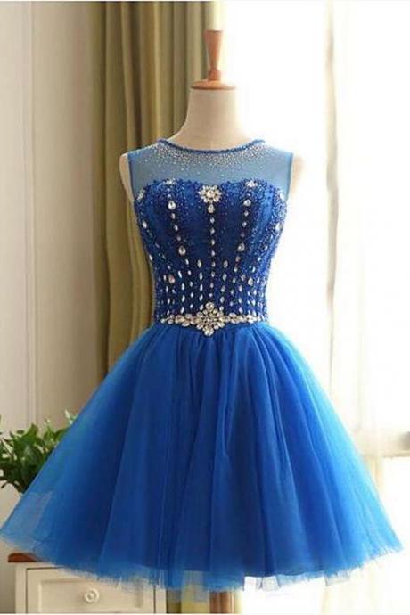 2017 New Arrival Royal Blue Short Party Dress,Beading Open Back Homecoming Dress,A Line Sleeeveless Prom Dress