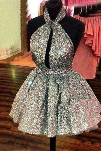 Shiny Silver Sequins Prom Dress,Short Mini Cocktail Dresses,A Line Backless Sexy Homecoming dresses