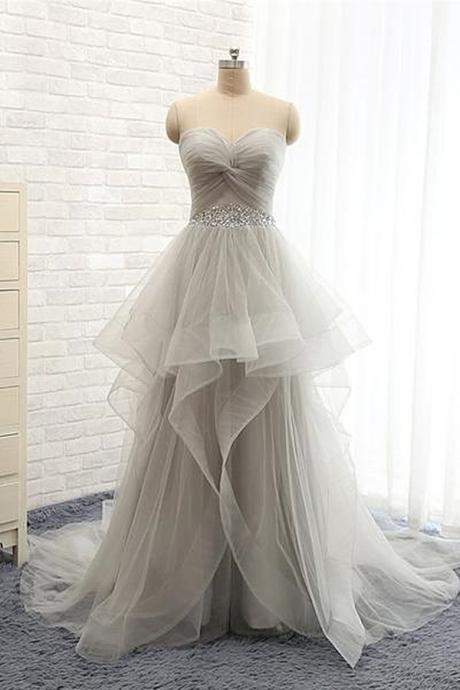 Elegant Grey Sweetheart Prom Dress,sleeveless A Line Party Dress With Sweep Train