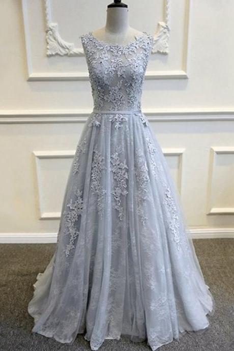 Elegant A-line Appliques Grey Long Prom Dress,2017 Tulle A Line Evening Dress,prom Gowns,formal Women Dress