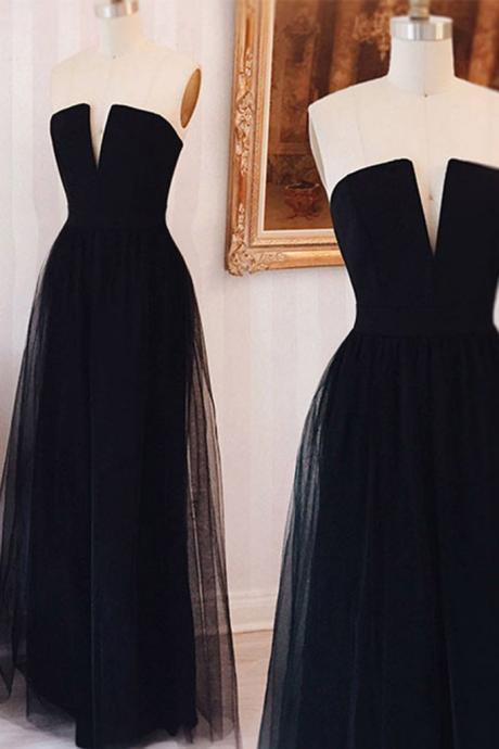 Sexy A-line Sleeveless Prom Dresses,long Black Prom Dresses,v Neck Formal Women Dress,elegant Evening Dress