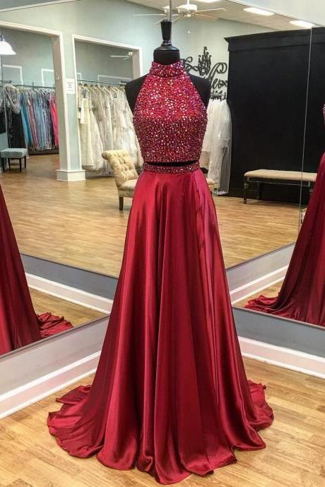 Two Pieces Long Prom Dresses,high Neck Beading Evening Dresses,charming Floor Length Homecoming Dresses