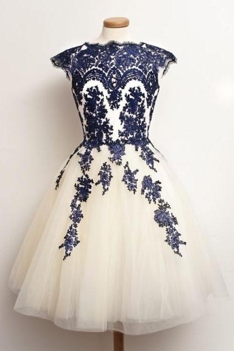 High Neck Cap Sleeves Royal Blue Lace Tulle Short Prom Dresses, Homecoming Dress,cocktail Dress,wedding Party Dress