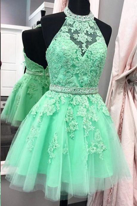 Tulle Mint Short Applique Homecoming Dress,halter Homecoming Dresses, Tulle Prom Dress,beaded Homecoming Dress