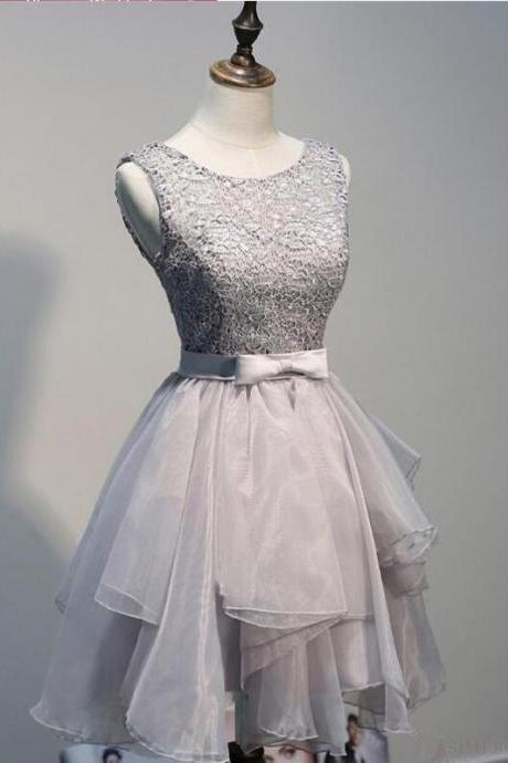 Grey Lace Sleeveless V Back Short Prom Dress,cute A Line Homecoming Dress