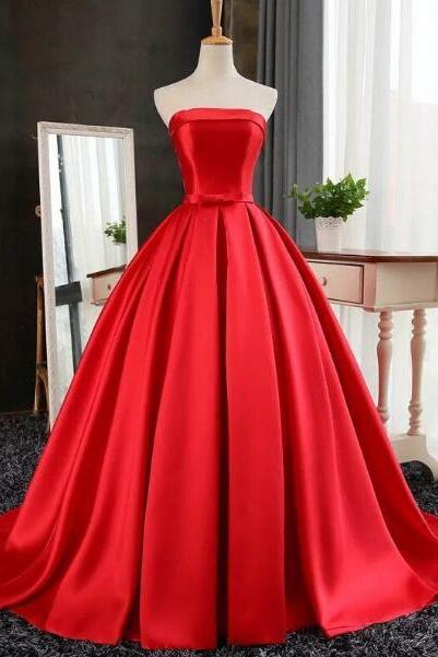 Fabulous Strapless A Line Women Wedding Dress,red Sweep Train Prom Dress With Bow