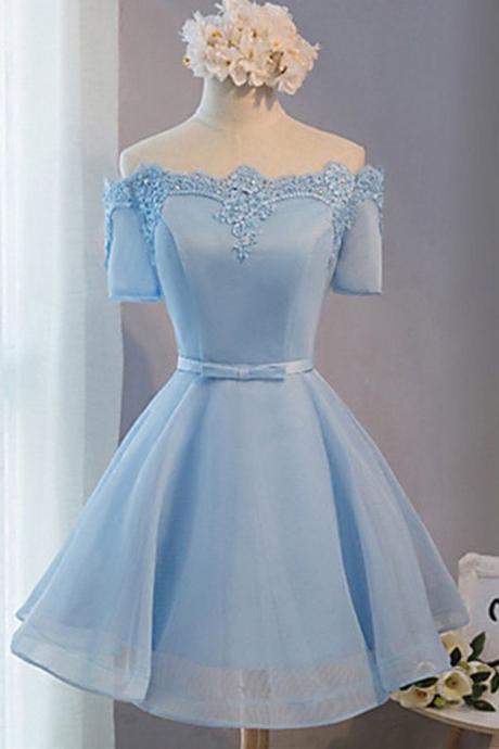 Light Blue Off Shoulder With Short Sleeve,lace Lovely A Line Homecoming Prom Dresses