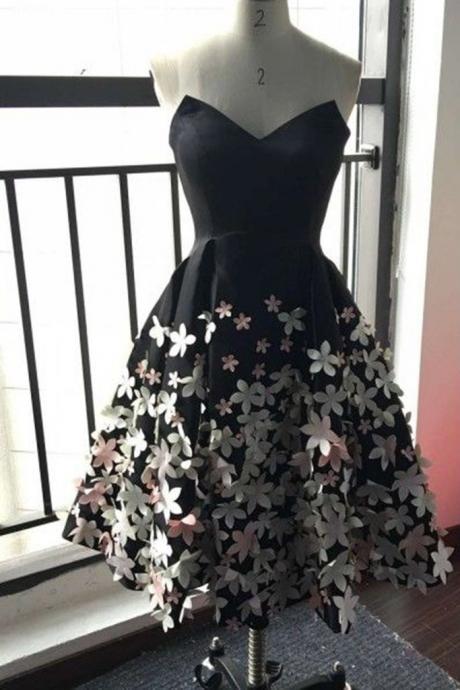 Black Sweetheart Handmade Flowers A-line Short Evening Dresses