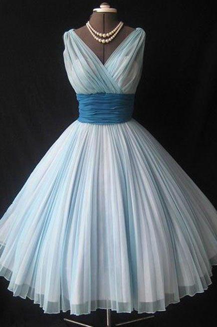 Cute Retro V Neck Light Blue Prom Dress,A Line Short Bridesmaid Dress