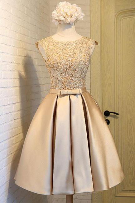 Champagne Lace Applique Cute Homecoming Dress,a Line Graduation Dress, Short Prom Dress