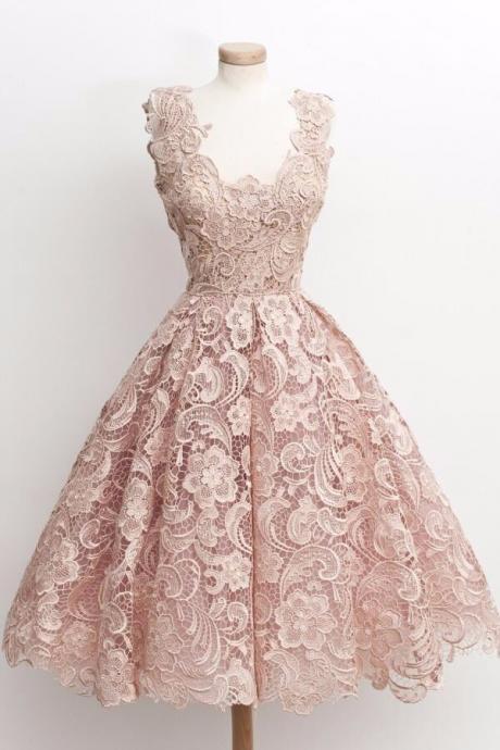 Vintage Light Pink Lace Short Prom Dress, Sleeveless Bridesmaid Dress