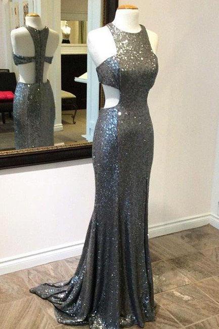 Unique Gray Sequined Mermaid Long Prom Dress, Gray Evening Dress