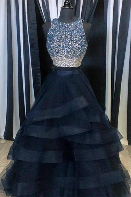 Two Piece Navy Blue Luxurious Beaded Prom Dress,Sleeveless A Line Party Dress,Formal Gowns